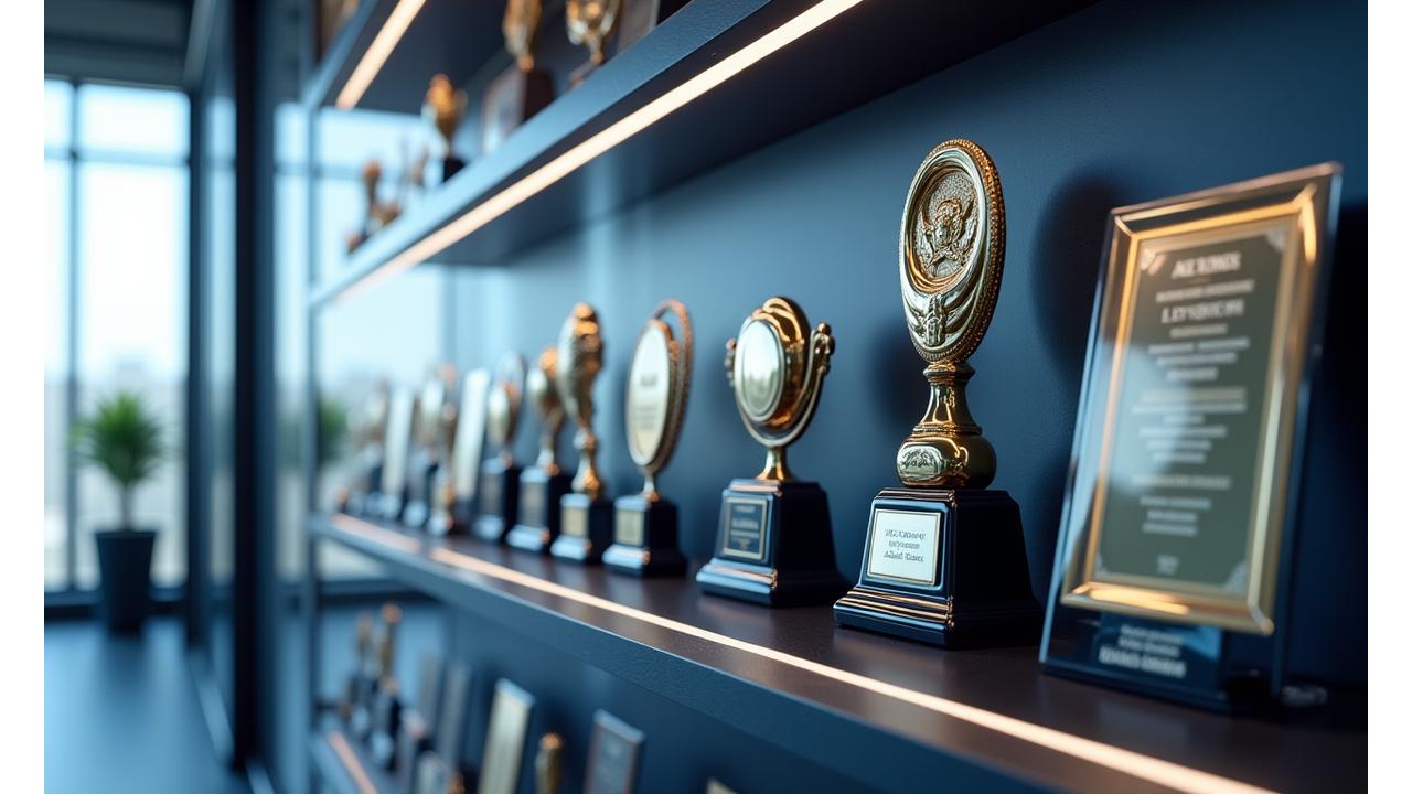 Oya Labs'ın kazandığı ödülleri ve tanınırlık plaketlerini gösteren vitrin